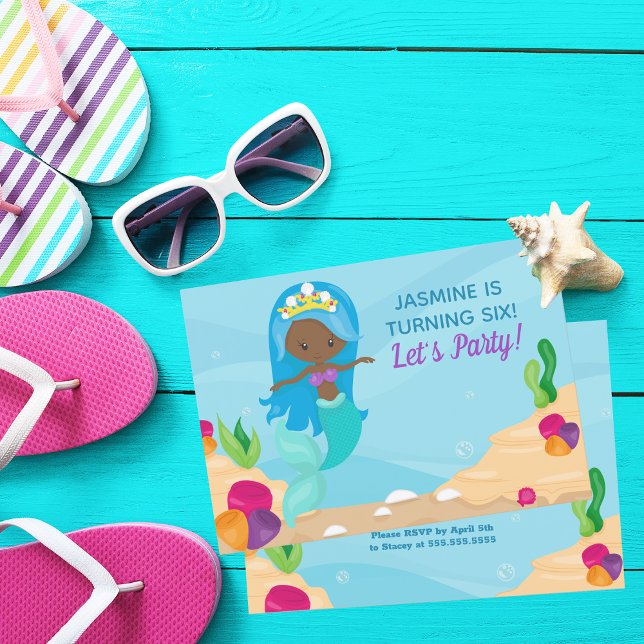 African American Mermaid Girl Kids Birthday Party Invitation (Creator Uploaded)
