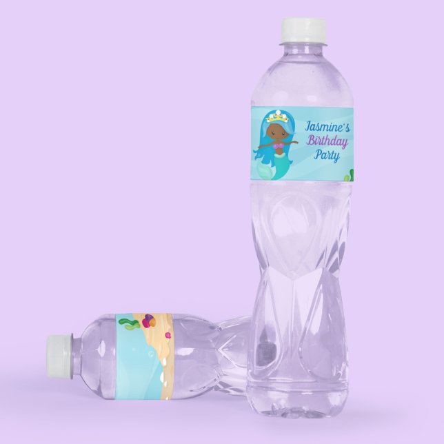African American Mermaid Girl Kids Birthday Party Water Bottle Label (Creator Uploaded)