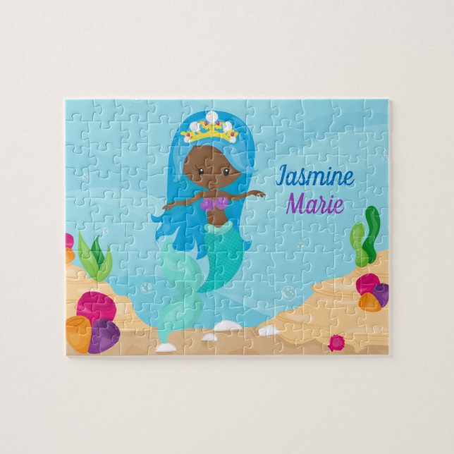 African American Mermaid Girl Kids Cute Custom Jigsaw Puzzle (Horizontal)