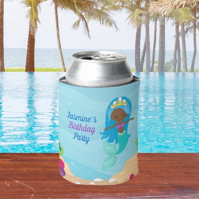 African American Mermaid Girls Birthday Party Can Cooler (Creator Uploaded)