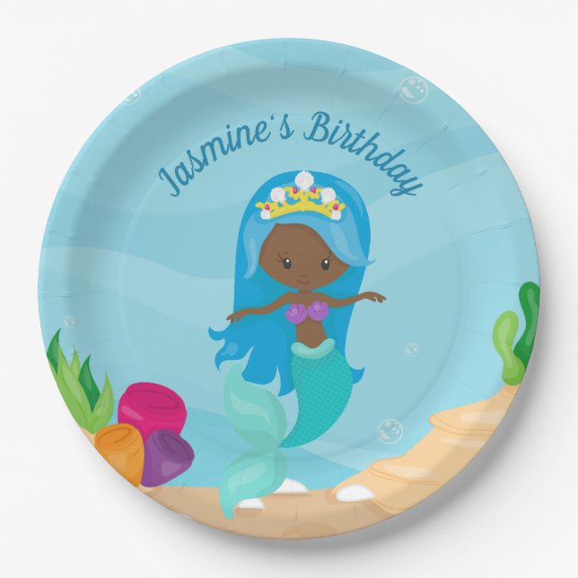 African American Mermaid Kids Birthday Party Paper Plate (Front)