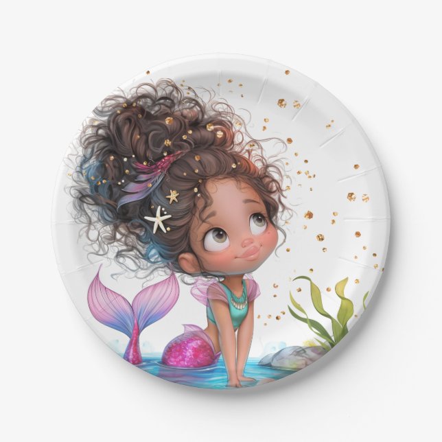 African American Mermaid Party Paper Plate (Front)
