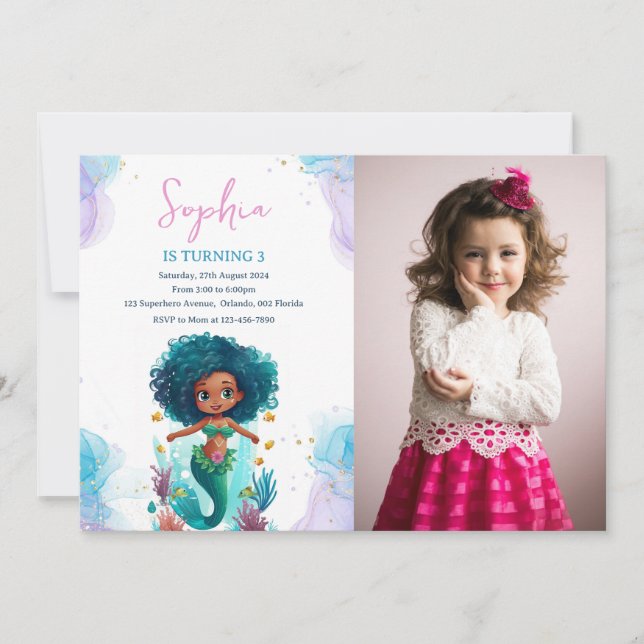 African American Mermaid Photo Birthday Invitation (Front)