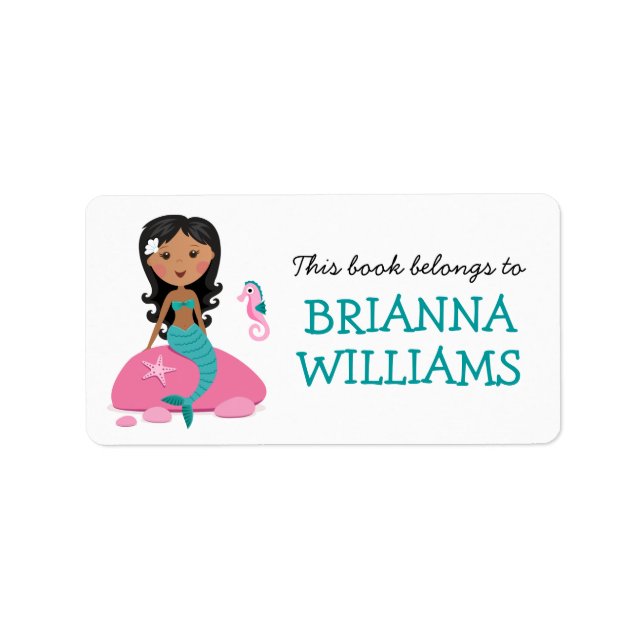 African American mermaid & seahorse bookplate book Label (Front)