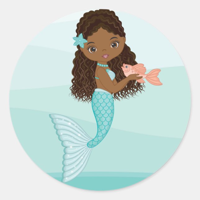 African American Mermaid with Fish Round Sticker (Front)