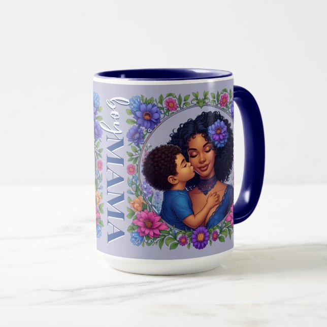 African American Mom & Son Sweet Kiss Mother's Day Mug (Front Right)