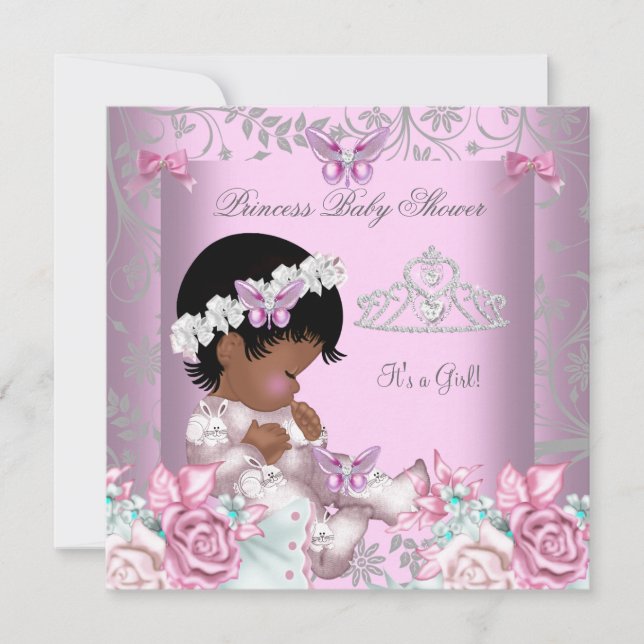 African American Pink Butterfly Baby Shower Girl Invitation (Front)