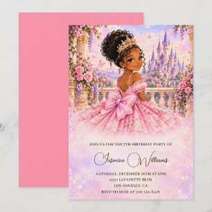 African American Pink Princess 7th Birthday Invitation