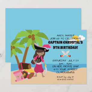 African American Pirate Girl Birthday Party Invitation