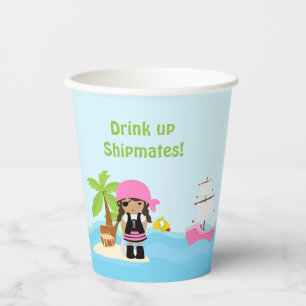 African American Pirate Girl in Pink Party Paper Cups