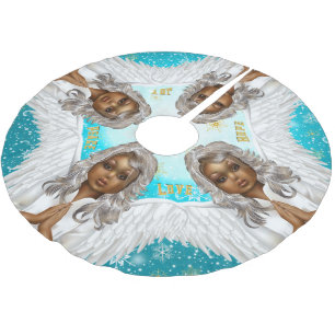 African American Praying Angel Christmas Brushed Polyester Tree Skirt