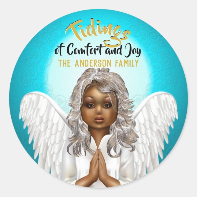 African American Praying Angel Classic Round Sticker (Front)