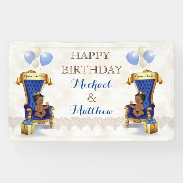 African American Prince Royal Blue Gold Twin Boys Banner (Horizontal)
