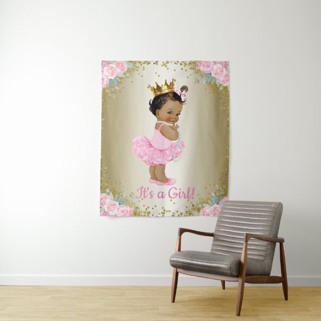 African American Princess Baby Shower Backdrop Tapestry (In Situ)