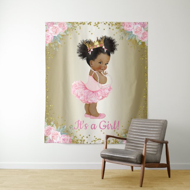 African American Princess Baby Shower Backdrop Tapestry (In Situ)