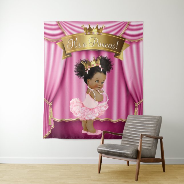 African American Princess Baby Shower Backdrop Tapestry (In Situ)