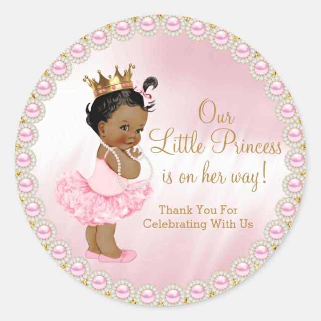 African American Princess Baby Shower Favour  Classic Round Sticker (Front)