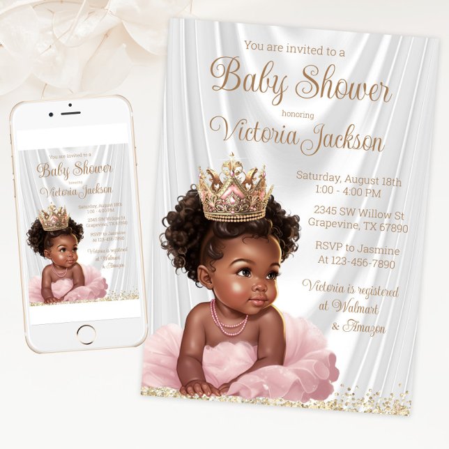 African American Princess Baby Shower Pink Gold Invitation (Blush pink gold princess baby shower invitation. Available for instant download and print.)