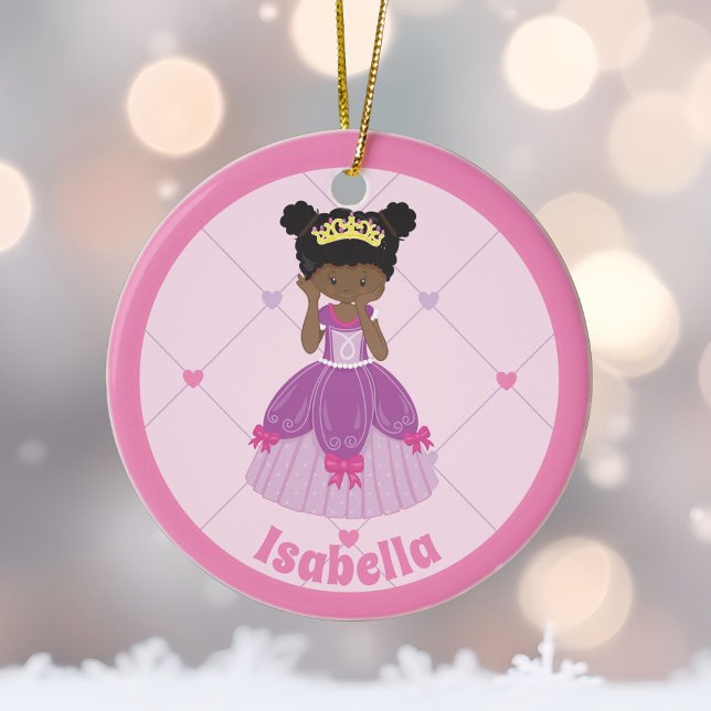 African American Princess Cute Pink Christmas Ceramic Ornament (Creator Uploaded)