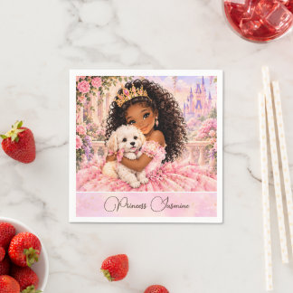 African American Princess with Puppy 3rd birthday Napkin