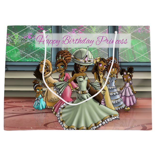 African American Princesses Birthday Large Gift Bag (Front)