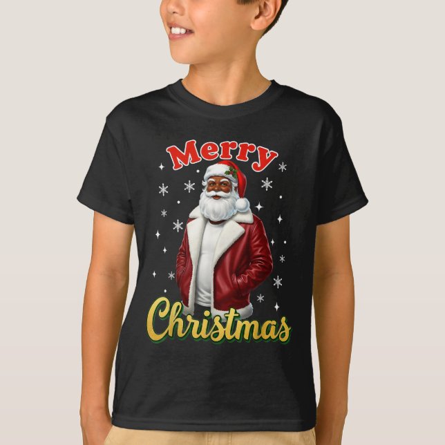 African American Santa Christmas Cool Black X-mas  T-Shirt (Front)