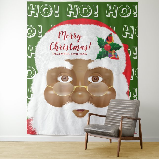 African American Santa Christmas Holiday Backdrop Tapestry (In Situ)