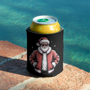 African American Santa Christmas Pajama Cool Black Can Cooler