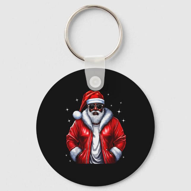 African American Santa Christmas Pajama Cool Black Keychain (Front)