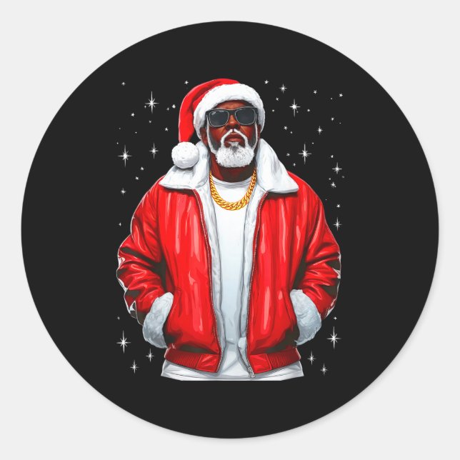 African American Santa Christmas Pajamas Cool Blac Classic Round Sticker (Front)