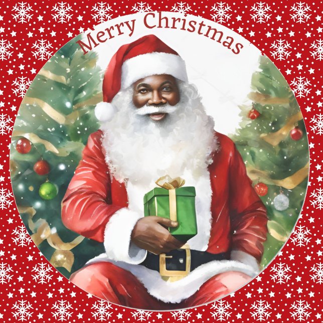 African American Santa Claus Christmas Watercolor Classic Round Sticker (Creator Uploaded)