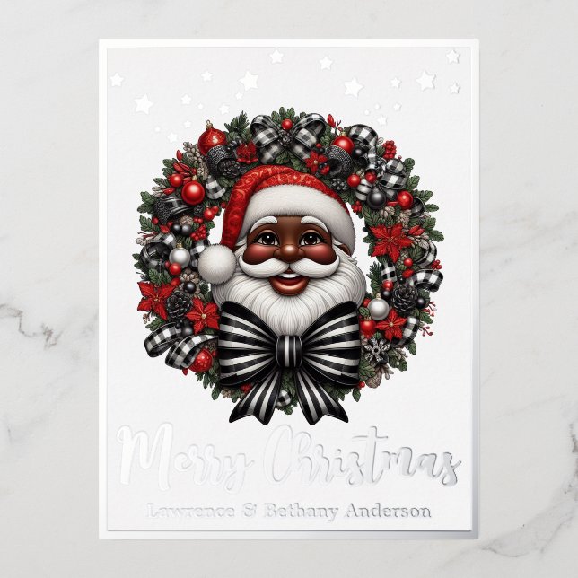 African American Santa Claus Red, Black & White Foil Holiday Postcard (Front)