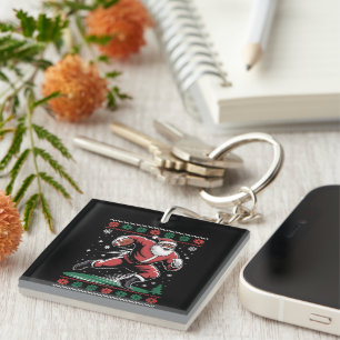 African American Santa Football Ugly Christmas Keychain