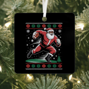African American Santa Football Ugly Christmas Metal Ornament