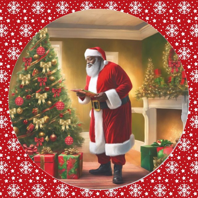 African American Santa Is Checking His List Classic Round Sticker (Creator Uploaded)