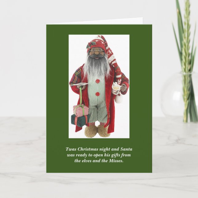 African American Santa Opens Gifts Christmas Card (Front)