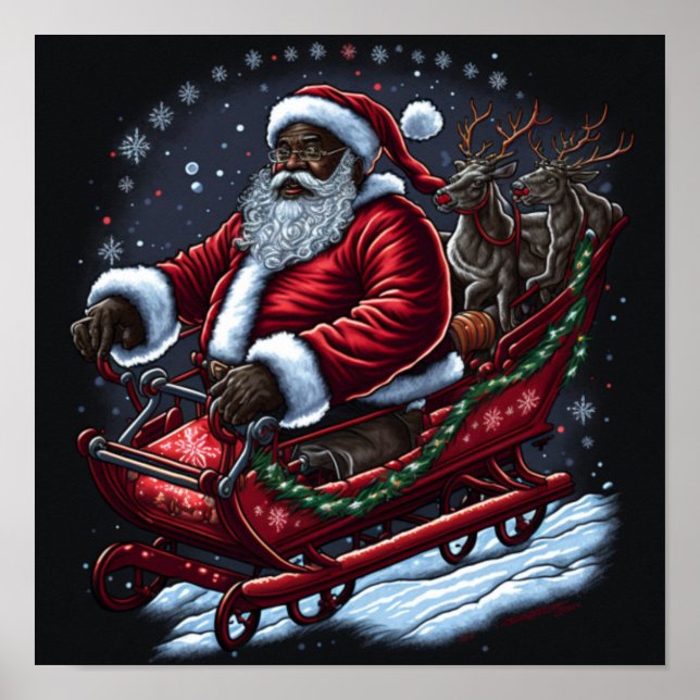 African American Santa Piloting Sleigh Poster (Front)