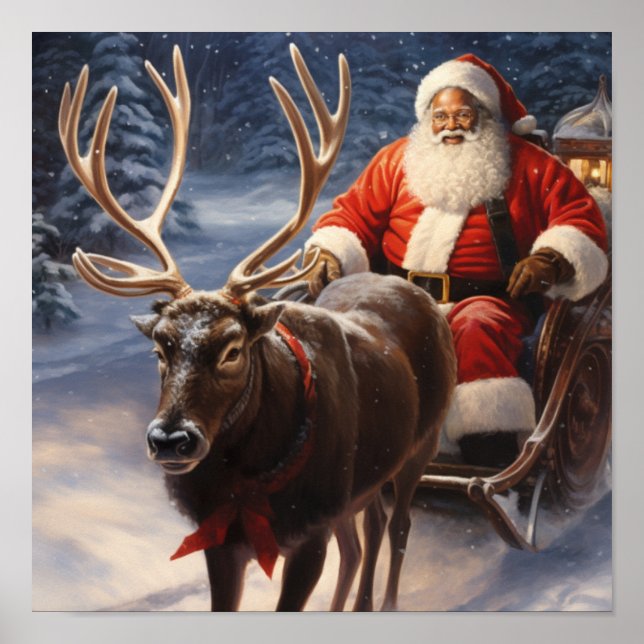 African American Santa Red Bow Reindeer  Poster (Front)