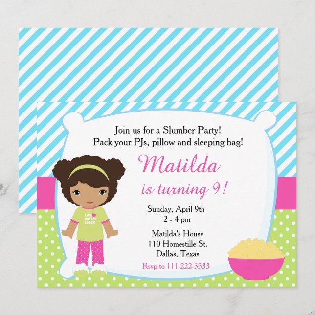 African American Sleepover Slumber Party Birthday Invitation (Front/Back)