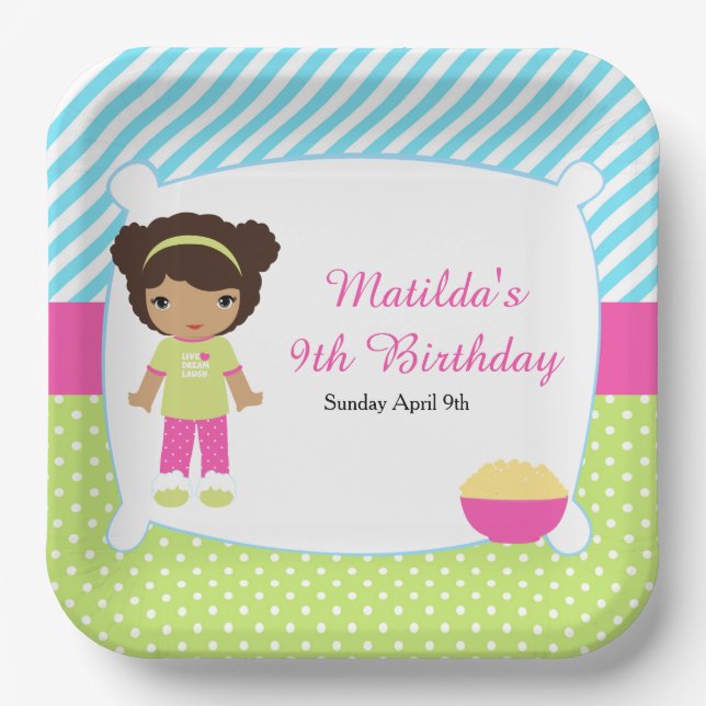 African American Sleepover Slumber Party Birthday Paper Plate (Front)