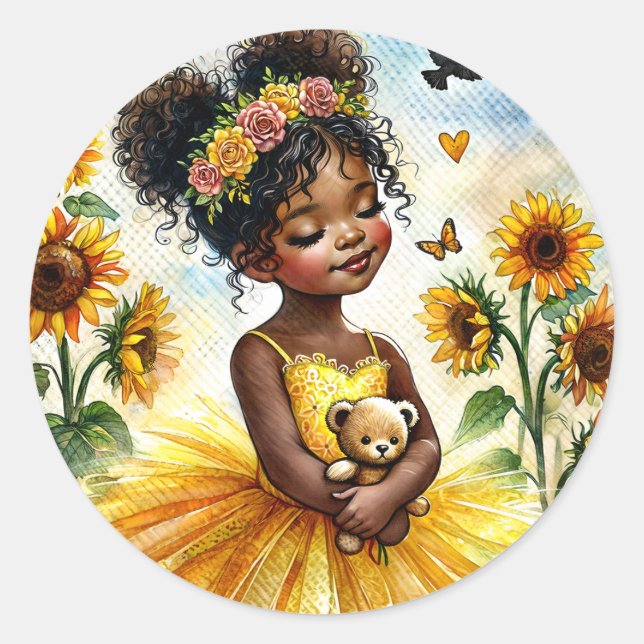 African American Sunflower Girl With Teddy Bear Classic Round Sticker (Front)