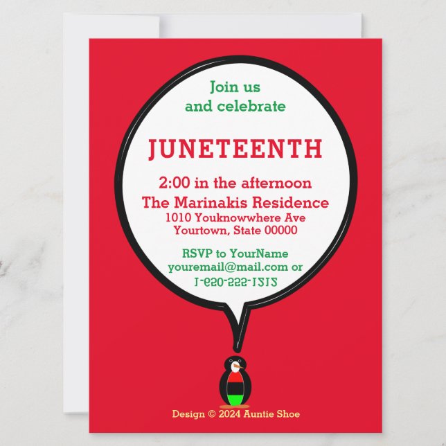 African American Talking Ms. Penguin Juneteenth Invitation (Front)