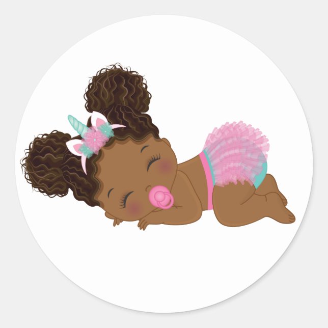 African American Unicorn Baby Girl Round Sticker (Front)