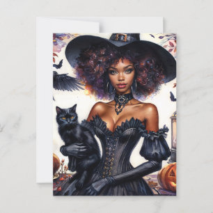 African American Witch With Black Cat Halloween Postcard
