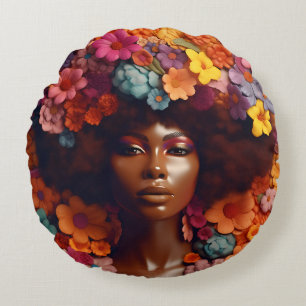 African American Woman Black Queen Melanin Poppin  Round Pillow