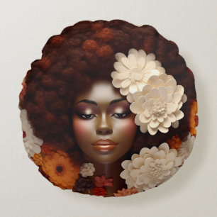 African American Woman Black Queen Melanin Poppin  Round Pillow