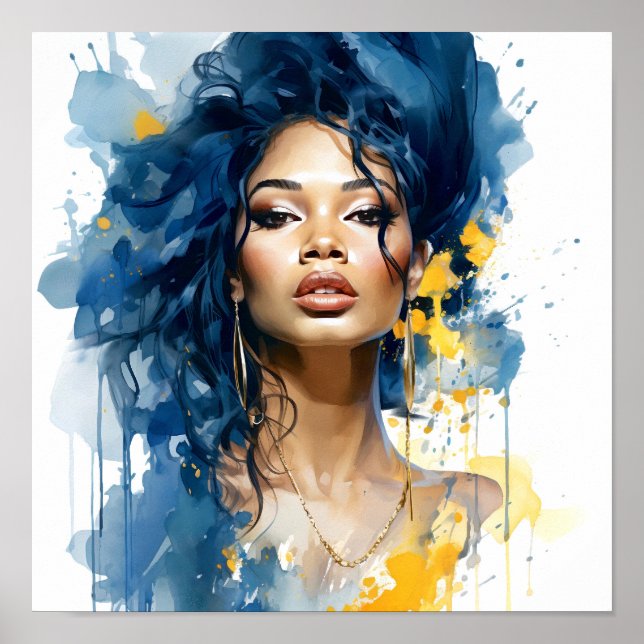 African American Woman Blue and Yellow Painting  Poster (Front)