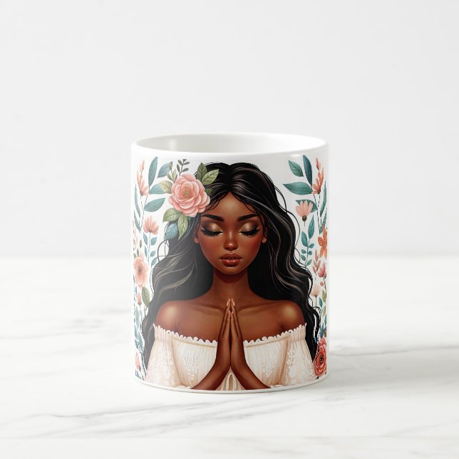 African American Woman Praying Floral Coffee Mug (Center)
