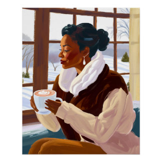 African American Woman Sipping Cocoa in Winter Poster