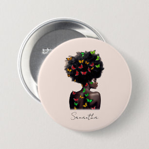 African American Woman with Butterfly-Filled Afro  3 Inch Round Button